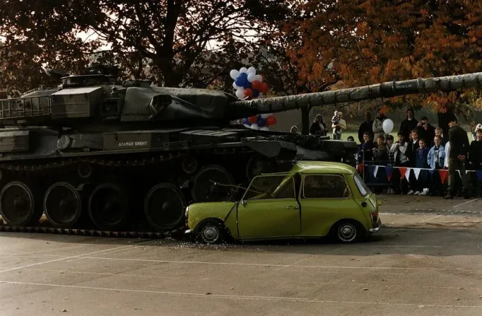 Framed Print : Tank running over Mr Beans green mini Framed Print : Tank running over Mr Beans green mini