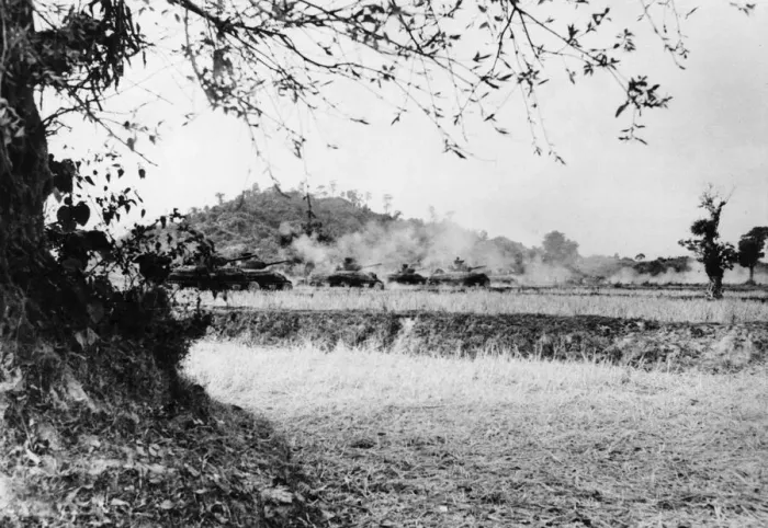 Framed Print : Tanks of B Squadron King George Vs Own 19th Lancers firing on Japanese positions in Framed Print : Tanks of B Squadron King George Vs Own 19th Lancers firing on Japanese positions in