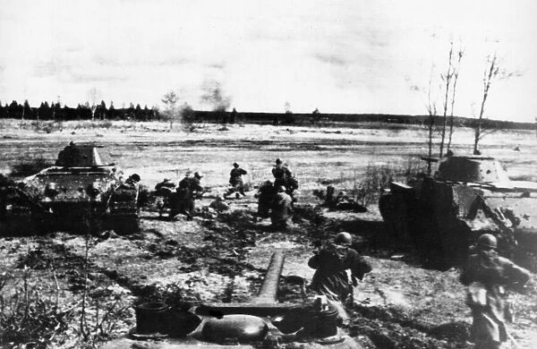Tanks of the Soviet Red Army blast a German position into retreat on the Soviet western