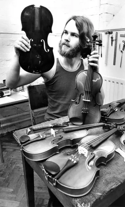 Framed Print : Tarquin Bolton at the Sunderland Violin Hospital in July 1980 set up to repair damaged Framed Print : Tarquin Bolton at the Sunderland Violin Hospital in July 1980 set up to repair damaged
