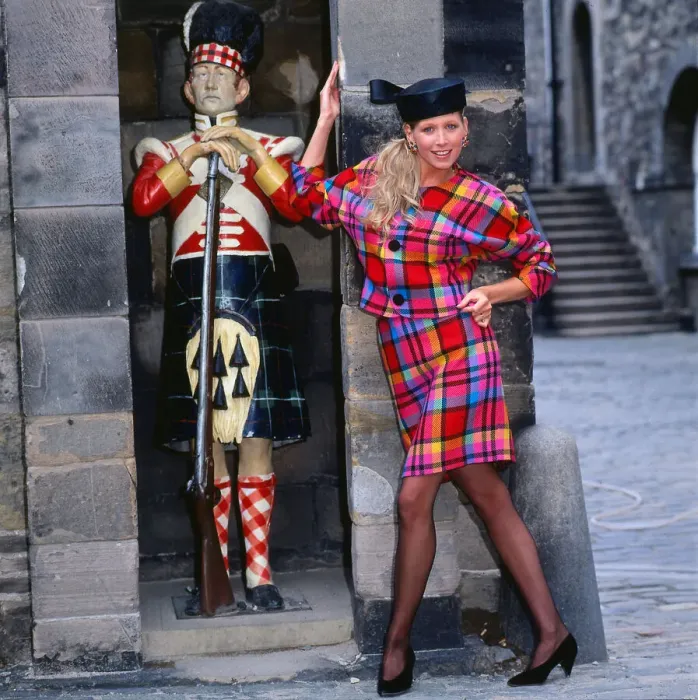 Framed Print : Tartan fashion, 1989 Model wearing pink tartan jacket and skirt suit Framed Print : Tartan fashion, 1989 Model wearing pink tartan jacket and skirt suit