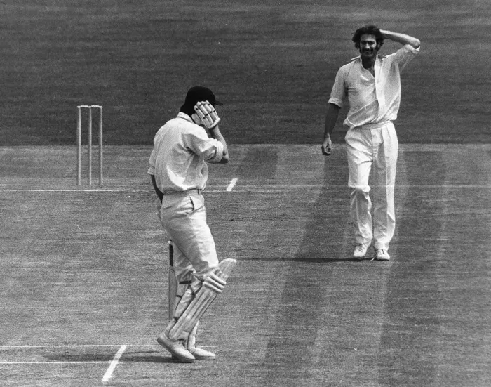 Framed Print : Ted Dexter batsman receives ball from Australian fast bowler Dennis Lillee Framed Print : Ted Dexter batsman receives ball from Australian fast bowler Dennis Lillee