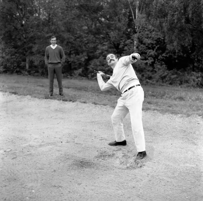 Framed Print : Ted Dexter and Sean Connery at Coombe Hill Golf Course. Sean is seen here showing his Framed Print : Ted Dexter and Sean Connery at Coombe Hill Golf Course. Sean is seen here showing his