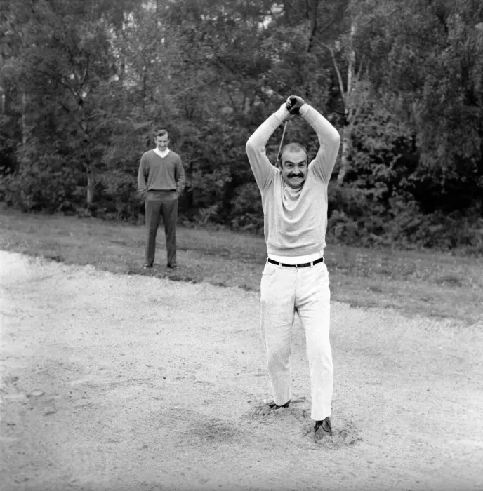 Framed Print : Ted Dexter and Sean Connery at Coombe Hill Golf Course. Sean is seen here showing his Framed Print : Ted Dexter and Sean Connery at Coombe Hill Golf Course. Sean is seen here showing his