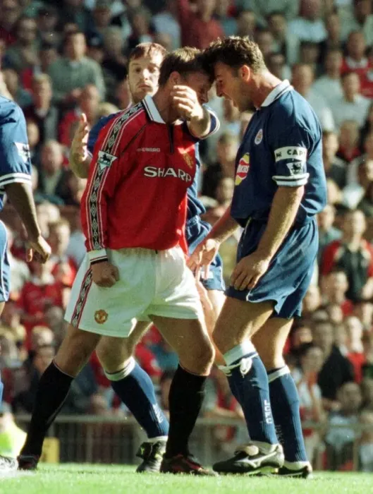 Framed Print : Teddy Sheringham Manchester United striker August 1998 squares up to Steve Walsh