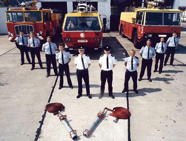 Teesside Airport fire brigade seen here on parade with their fire tenders 3rd August 1990
