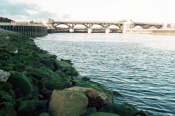 Teesside Barrage is raised, holding back the waters of the Tees