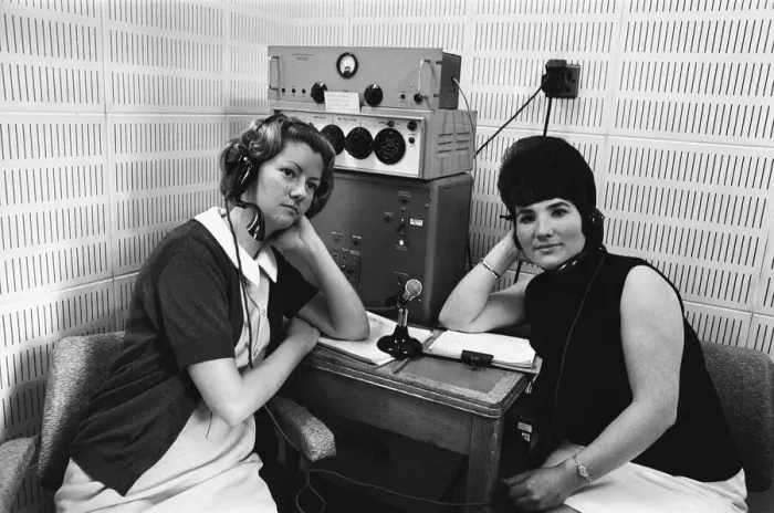 Framed Print : Telephone test match score recordists pose beside their equipment. 16th July 1968 Framed Print : Telephone test match score recordists pose beside their equipment. 16th July 1968