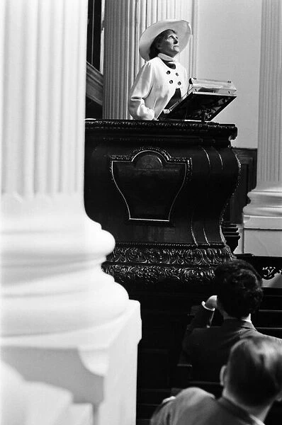 Television chef, Fanny Cradock, speaking from the pulpit, St Mary Woolnoth Church