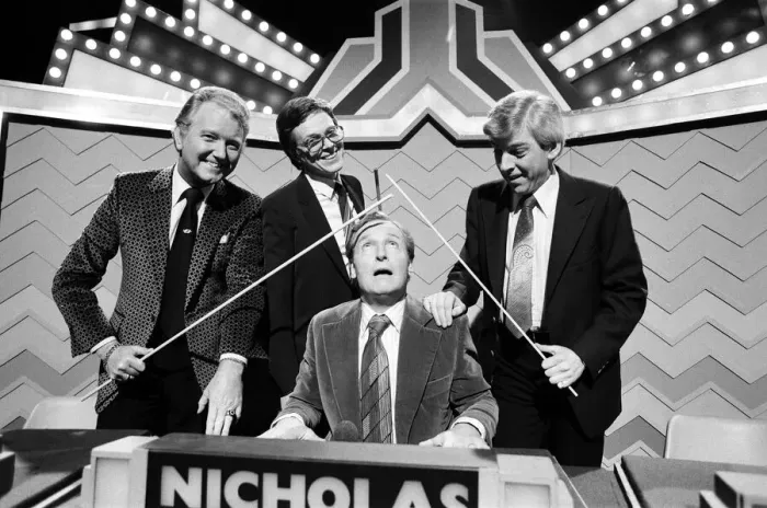 Framed Print : Three of televisions top quizmasters will be facing the questions in a special Framed Print : Three of televisions top quizmasters will be facing the questions in a special