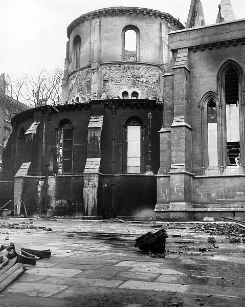 Temple Church, London, damaged by German incendiary bombs. 10th May 1941