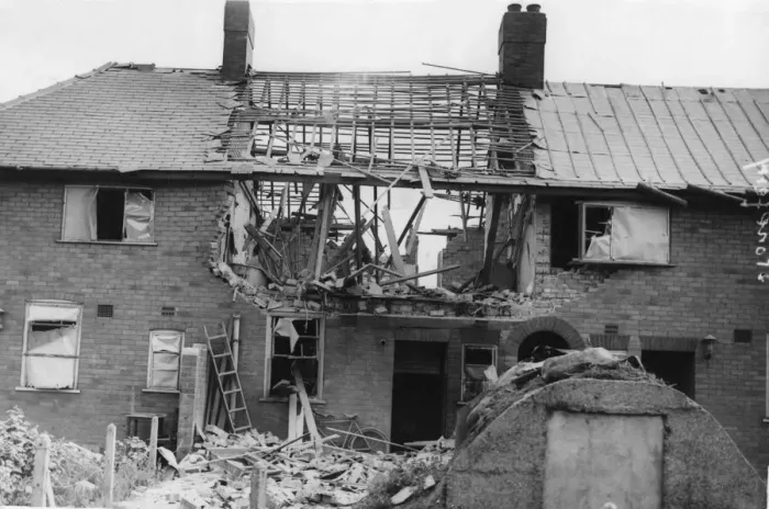 Framed Print : A terrace house in Stoneferry, Hull bares the scars of bomb damage following an overnight Framed Print : A terrace house in Stoneferry, Hull bares the scars of bomb damage following an overnight