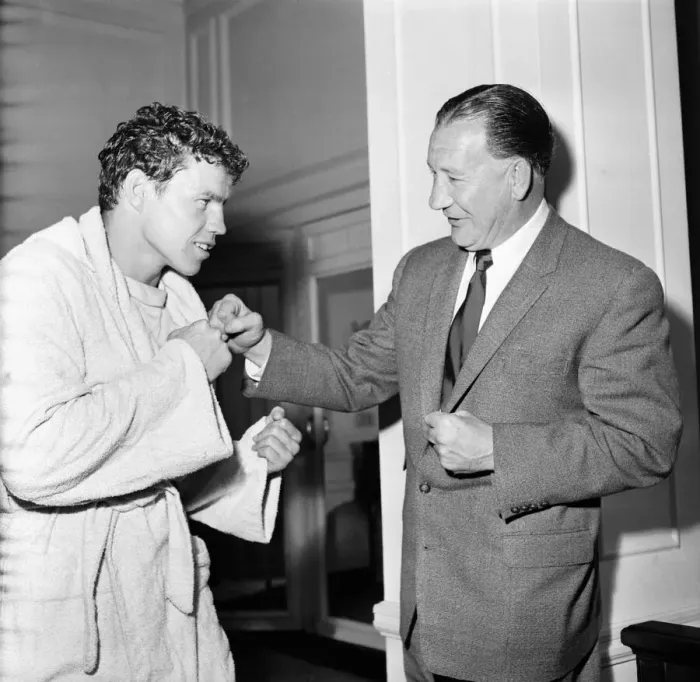 Framed Print : Terry Downs - Boxer: Terry Downs gets a word of encouragement from old-timer Jock McEvoy Framed Print : Terry Downs - Boxer: Terry Downs gets a word of encouragement from old-timer Jock McEvoy