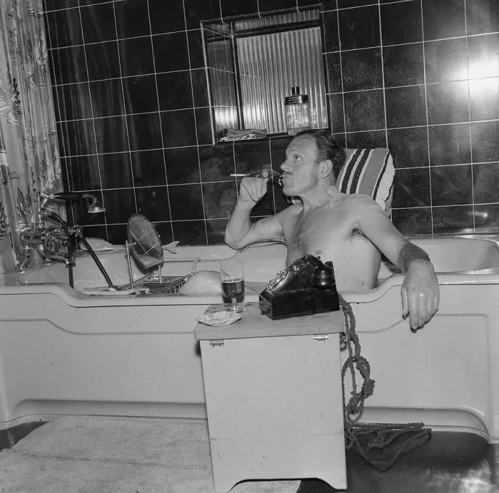 Framed Print : Terry Thomas in a bath 1959