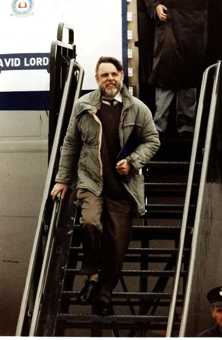 Framed Print : Terry Waite former Beirut hostage arrives home descending aircraft steps November 1991