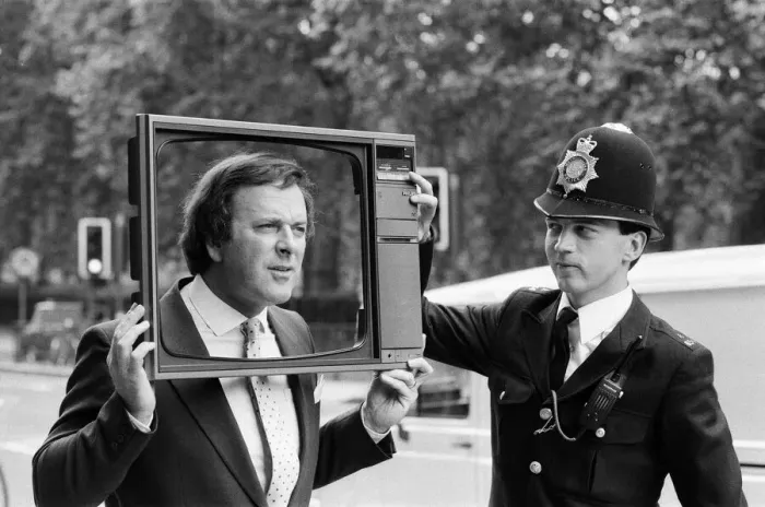 Framed Print : Terry Wogan was given 100 new TV sets today. They are being presented by Phillips the TV Framed Print : Terry Wogan was given 100 new TV sets today. They are being presented by Phillips the TV