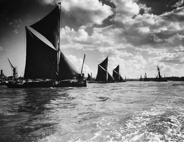 Framed Print : Thames Sailing barge seen here near Wapping on the Thames. August 1930 Framed Print : Thames Sailing barge seen here near Wapping on the Thames. August 1930