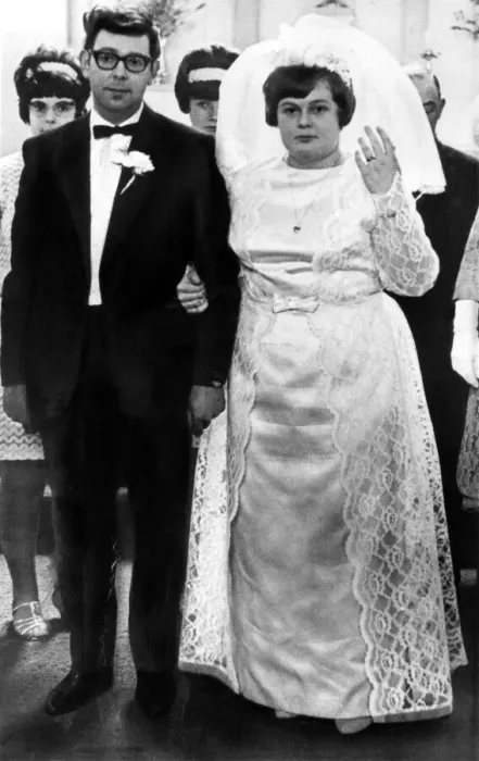 Framed Print : Then: Nervous expressions as the couple pose for the wedding-day picture that Margaret Framed Print : Then: Nervous expressions as the couple pose for the wedding-day picture that Margaret
