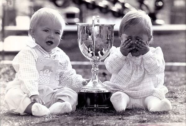 Thomas Martin and Jessica Amy crying after winning the Bonny Baby Photo competition, 1989