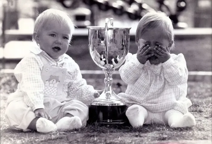 Framed Print : Thomas Martin and Jessica Amy crying after winning the Bonny Baby Photo competition, 1989