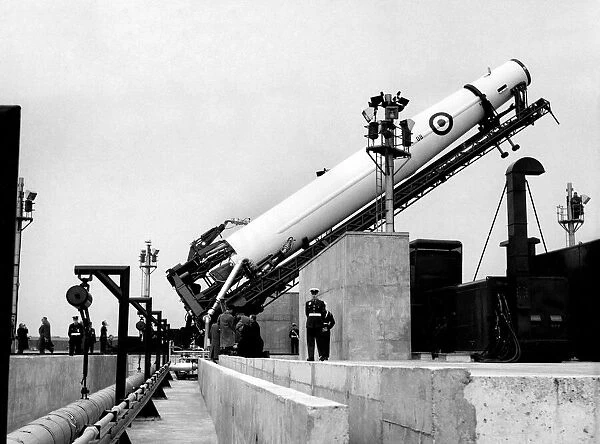 A Thor Rocket ballistic missile on a launching pad. February 1960 P004621
