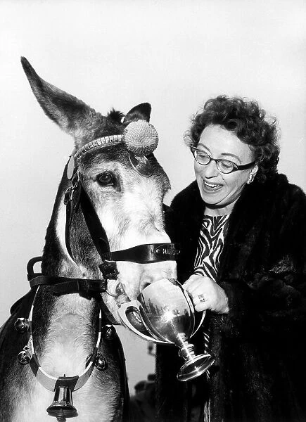 Thora Hird actress holds a trophy to the mouth of a donkey, 1962