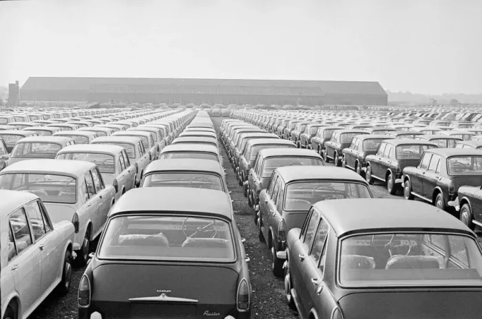 Framed Print : Thousands of new produced Austin cars stored on Wythnal Airfield shorlty after coming off Framed Print : Thousands of new produced Austin cars stored on Wythnal Airfield shorlty after coming off