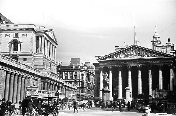 Threadneedle Street, London. Circa 1936. (Bank of England left, Royal Exchange right)