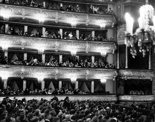 Tiers of boxes in the crimson and gold splendour of the Bolshoi Theatre, Moscow. 1962