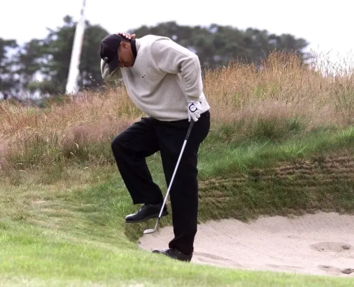 Framed Print : Tiger Woods The Open Championship 1999 Carnoustie Tiger gets caught in a bunker