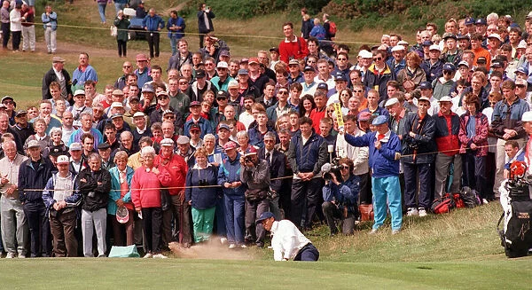 Tiger Woods at Open Championship July 1997 at Troon with mass crowd of spectators