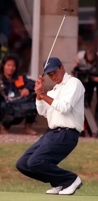 Framed Print : Tiger Woods at the Open Golf Championship Troon July 1997 after his birdie on the 18th