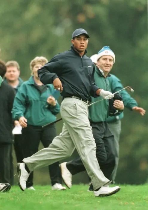 Framed Print : Tiger Woods Wentworth World Matchplay October 1998 runs to see the result of his Framed Print : Tiger Woods Wentworth World Matchplay October 1998 runs to see the result of his