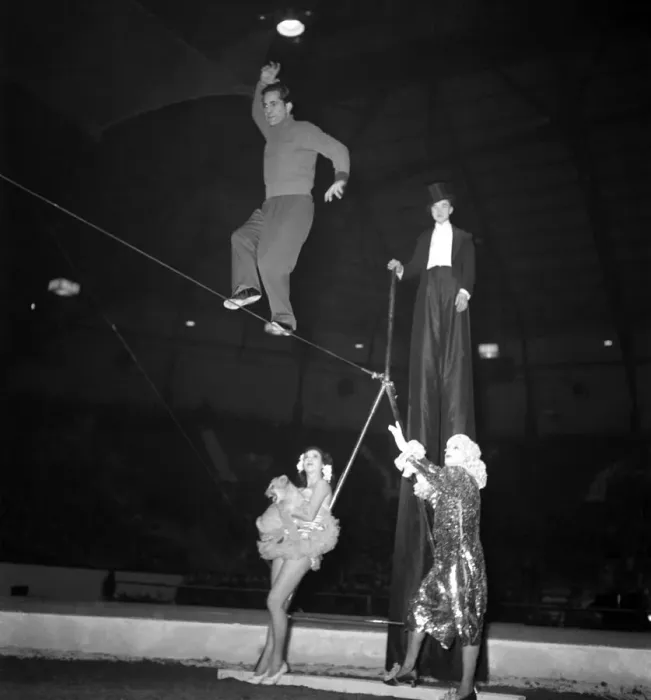 Framed Print : Tightrope Walker. December 1948 O16187 Framed Print : Tightrope Walker. December 1948 O16187