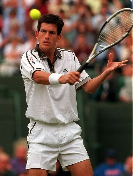 Tim Henman Wimbledon Tennis Championships 1999 Tim Henman volleys against the net in his
