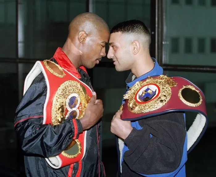 Framed Print : Tom Boom Boom Johnson with Prince Naseem Hamed at press conference before their Framed Print : Tom Boom Boom Johnson with Prince Naseem Hamed at press conference before their