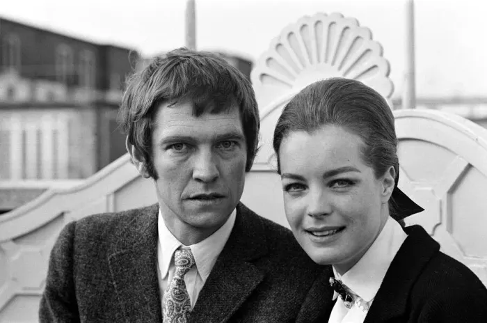 Framed Print : Tom Courtenay and Romy Schneider at the Dorchester Hotel looking at some of the places