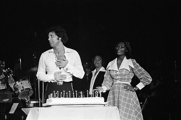 Tom Jones birthday party in Las Vegas with guest Dionne Warwick. June 1974