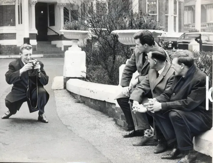 Framed Print : Tommy Gemmell gets three of his team mates in focus outside their southport hotel where Framed Print : Tommy Gemmell gets three of his team mates in focus outside their southport hotel where