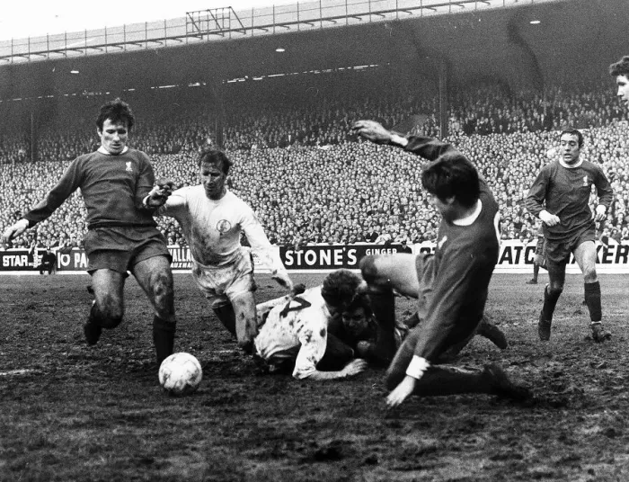 Framed Print : Tommy Lawrence Liverpool keeper fouls Billy Bremner 1969 Framed Print : Tommy Lawrence Liverpool keeper fouls Billy Bremner 1969
