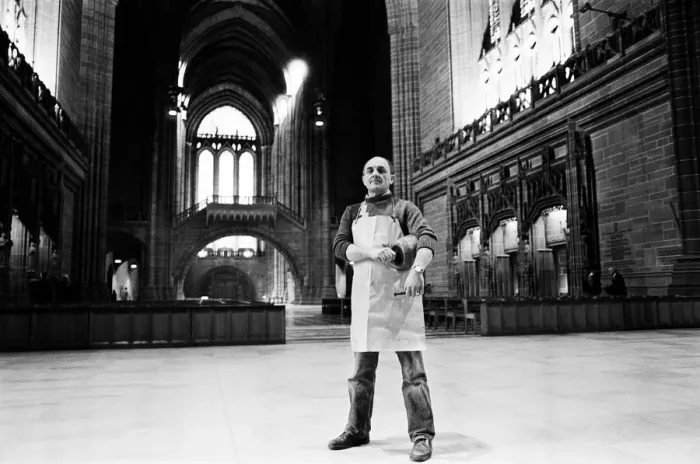 Framed Print : Tony Baker stonemason is the first stonemason to be employed full time at Liverpool Framed Print : Tony Baker stonemason is the first stonemason to be employed full time at Liverpool