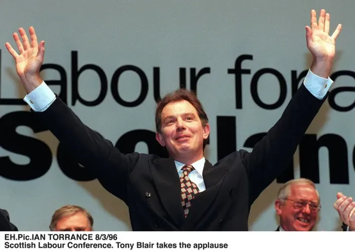 Framed Print : Tony Blair arms outstretched thanking Scottish Labour Conference applause. 1996