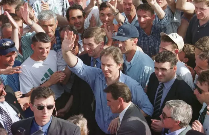 Framed Print : Tony Blair in Brazda Refugee Camp, Macedonia April 1999 during visit to Kosovo