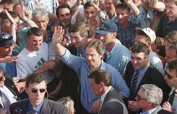 Tony Blair in Brazda Refugee Camp, Macedonia April 1999 during visit to Kosovo