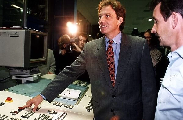 Tony Blair at Daily Record Cardonald plant pressing button. 1990s