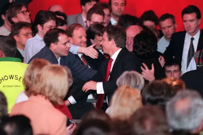 Framed Print : Tony Blair at Festival Hall General Election May 1997. Tony Blair shakes hands with