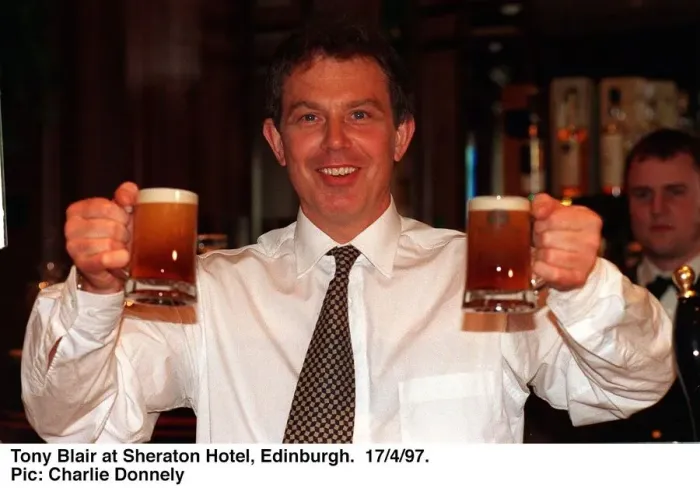 Framed Print : Tony Blair holding two half pints of Blairs Brew beer in both hands. April 1997 Framed Print : Tony Blair holding two half pints of Blairs Brew beer in both hands. April 1997