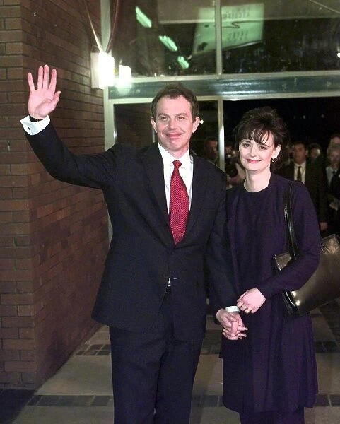 Tony Blair Labour MP for Sedgefield with his wife Cherie Blair after the count