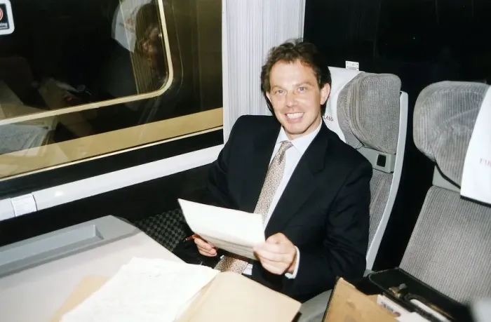 Framed Print : Tony Blair Labour MP sitting on train July 1994 Framed Print : Tony Blair Labour MP sitting on train July 1994
