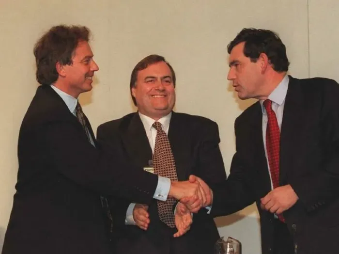 : Tony Blair Labour Party Leader John Prescott MP and Gordon Brown MP on the platform : Tony Blair Labour Party Leader John Prescott MP and Gordon Brown MP on the platform
